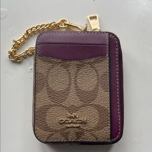 Coach Deep Berry Khaki Card Wallet with Gold Chain